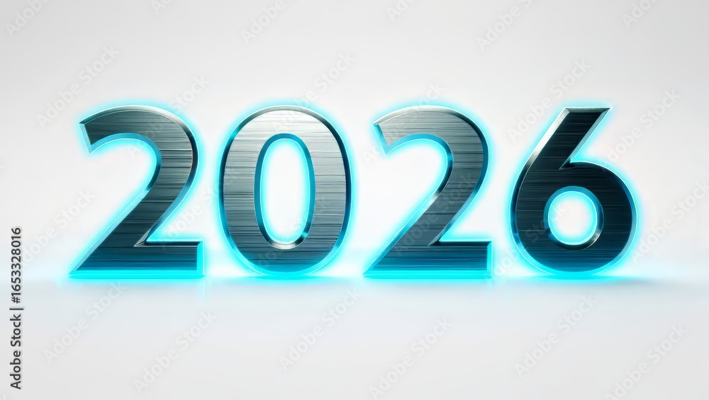 The year 2026 in metallic design with glowing effect isolated on white background The year 2026 in metallic design with glowing effect isolated on white background