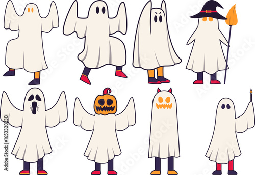 A collection of eight playful, stylized ghosts in various Halloween costumes, including a witch, a pumpkin head, and a devil, all depicted with simple, flat cartoon graphics.