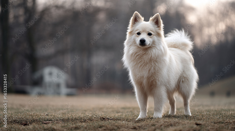Obraz premium Elegant fluffy white dog portrait on grass, gazing intently. Evokes loyalty and companionship. Ideal for pet care, lifestyle, or nature themes. Serene.
