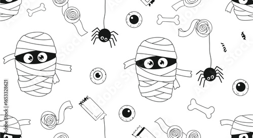 Cute halloween pattern with mummy spiders candy and eyeballs