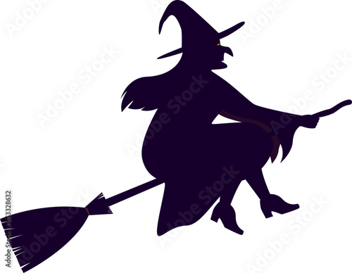 Silhouette of a witch soaring on a broomstick, Halloween imagery.