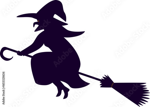 Silhouette of a witch flying on a broomstick, depicted with a pointed hat and flowing gown, against a white background.