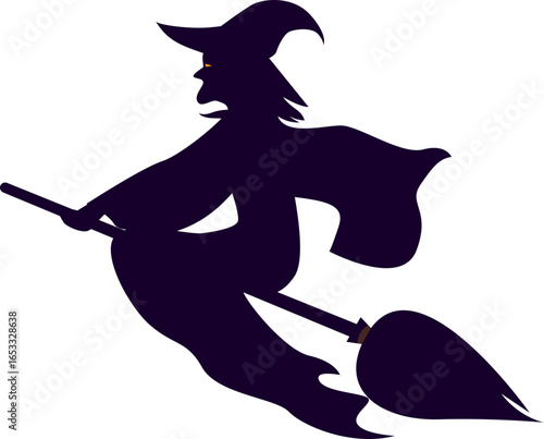 A dark silhouette of a witch flying on a broomstick, depicted against a plain white background.