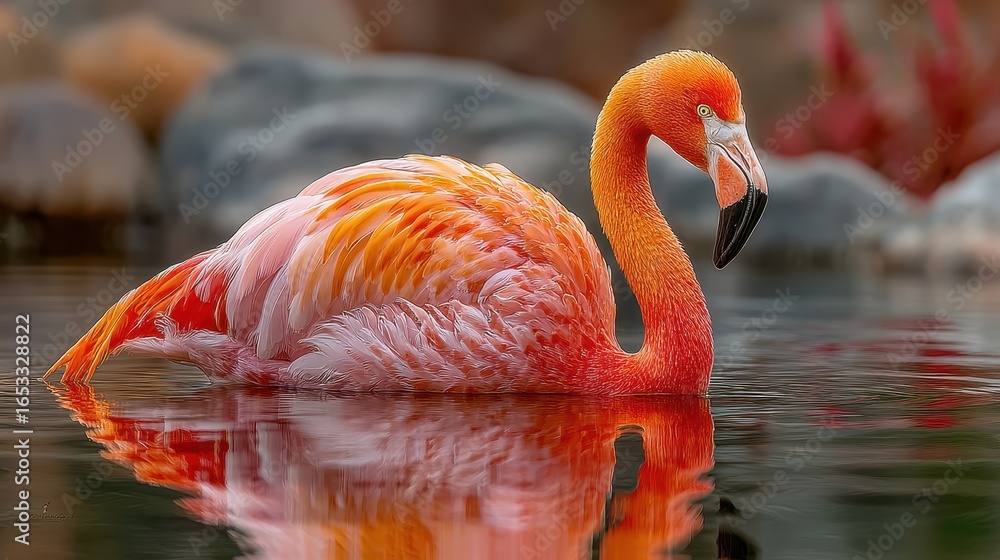 Obraz premium One flamingo standing in a shallow pool of water with tall grasses at sunset