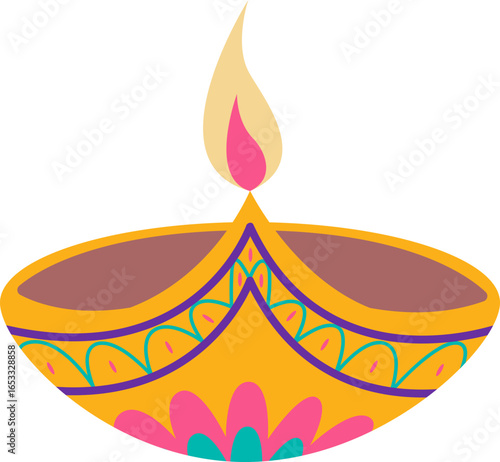 A vibrant illustration of a traditional oil lamp with a burning flame, brightly colored.