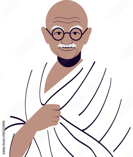 A stylized portrait of Mahatma Gandhi, serene and dignified in traditional Indian attire.
