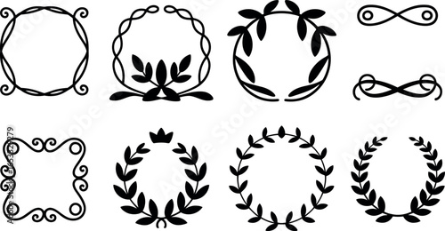 Elegant Black and White Floral Wreath and Frame Design Elements