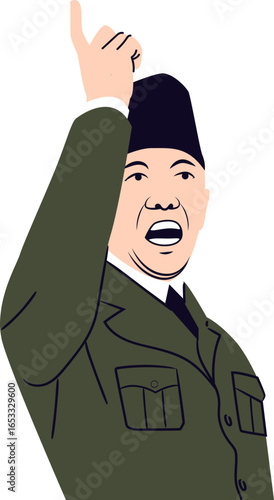Illustrated leader in uniform passionately addressing a crowd, pointing skyward.