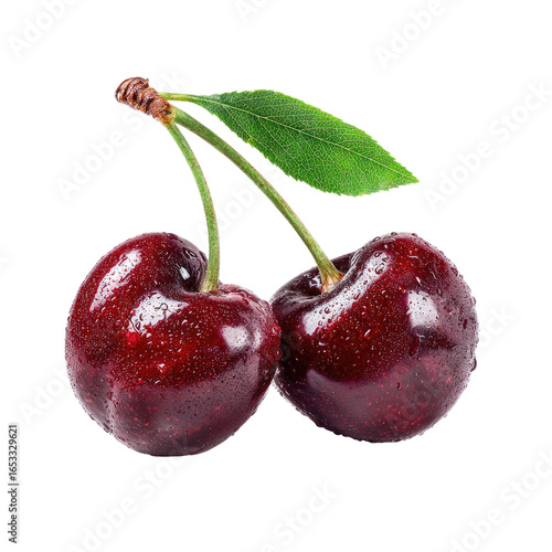 Two fresh, ripe, red cherries with stem and green leaf on black background