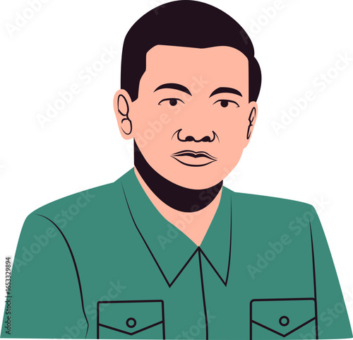 Illustration of a man with dark hair wearing a green collared shirt with pockets, looking directly at the viewer.