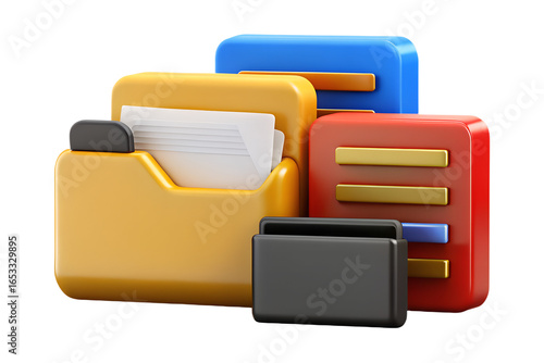 Photo of group of colorful folders with papers, isolated on transparent background
