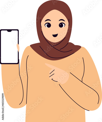 Smiling woman in hijab presents smartphone, finger pointing at screen.
