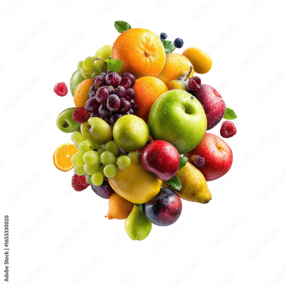 Vivid assortment of fresh fruits oranges, grapes, apples, pears, and berries Vivid assortment of fresh fruits oranges, grapes, apples, pears, and berries
