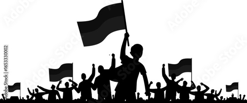 A black and white silhouette of a crowd of people protesting, waving flags and raising their fists in solidarity.