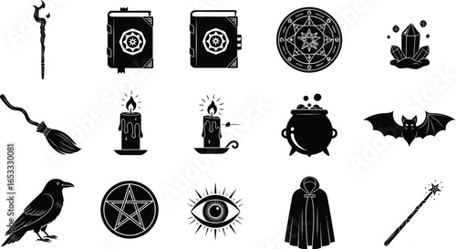 Black and white witchcraft symbols for halloween and magic art