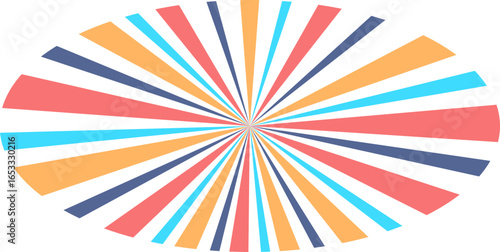 A colorful abstract sunburst pattern with radiating rays in an elliptical shape on a white background.