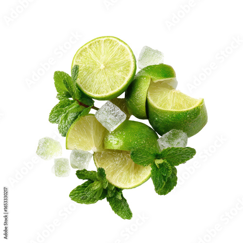 Lime and Mint Cocktail Ingredients/Overhead Shot/Transparent Background..Defects No defects found