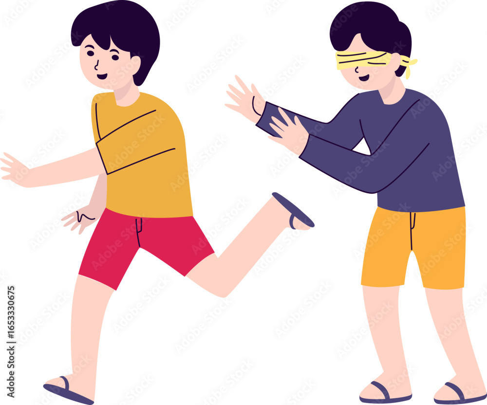 Obraz premium Two boys playfully playing a game of blind man's bluff, one running, the other blindfolded.