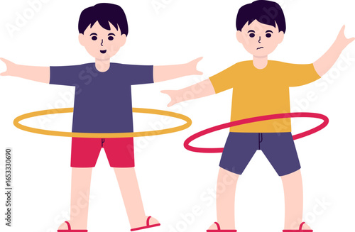 Two young boys hula hooping, one successfully spinning a yellow hoop while the other struggles with a red one.
