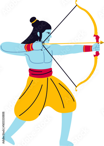 Lord Rama, Hindu deity, aiming his bow and arrow, poised for action, vibrant illustration.