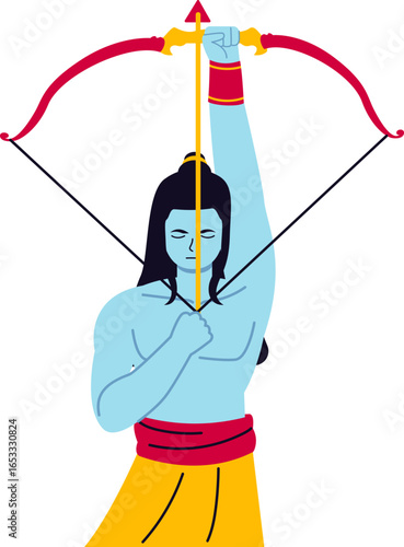 An illustration of the Hindu god Lord Rama aiming his bow and arrow upwards in a powerful stance.