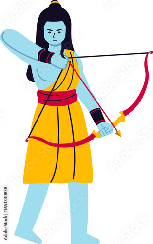 A flat vector illustration of the Hindu deity Lord Rama with blue skin, drawing his bow and aiming an arrow.