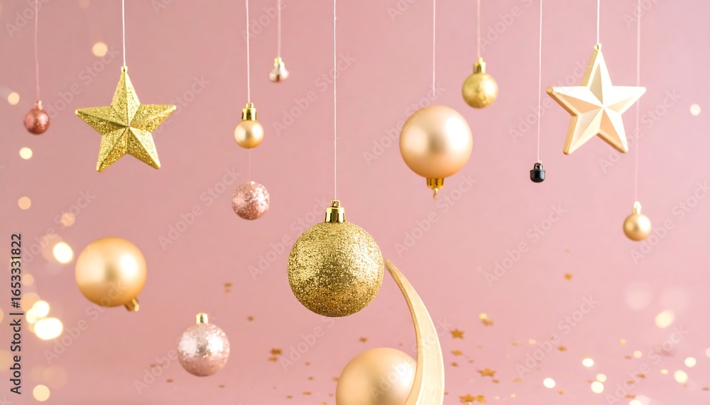Fototapeta premium Festive hanging ornaments against a soft pink backdrop