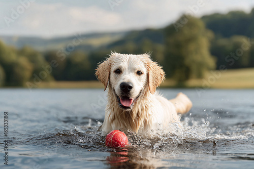 Wallpaper Mural Joyful golden retriever swimming in a lake with a ball. Captures the essence of summer fun, pet companionship, and playful energy. Perfect for lifestyle and animal themes. Torontodigital.ca