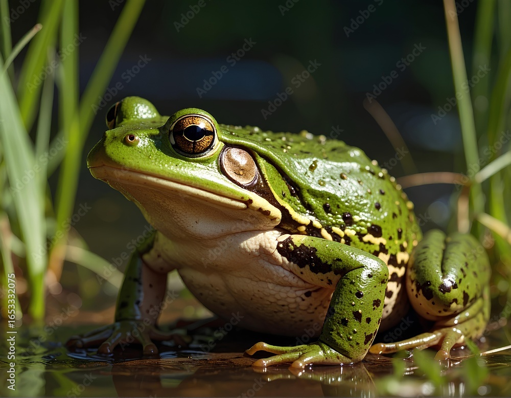 Fototapeta premium A detailed close-up portrait of a large green frog with speckled skin in a wetland environment.