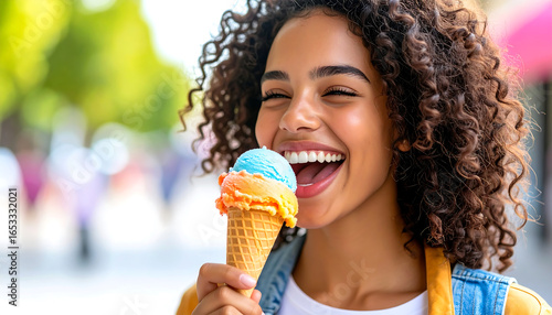 Joyful young woman with curly hair enjoying a vibrant blue and orange ice cream cone outdoors on a sunny day.