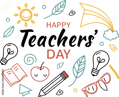 Vector art of happy teachers day greeting with school supplies isolated on white background