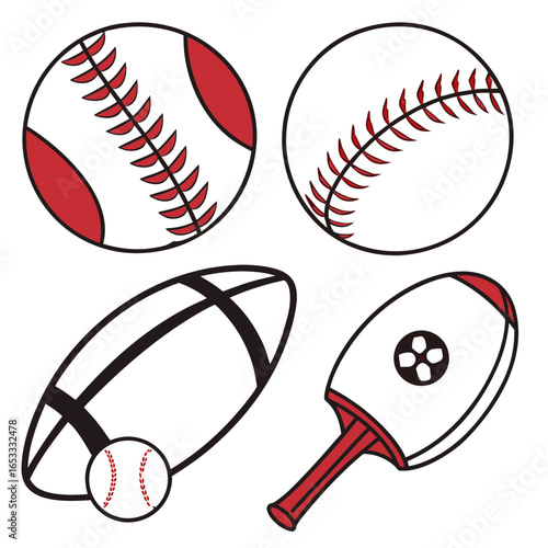 Download sports equipment vector art: baseballs, football, ping pong paddle illustration for free use