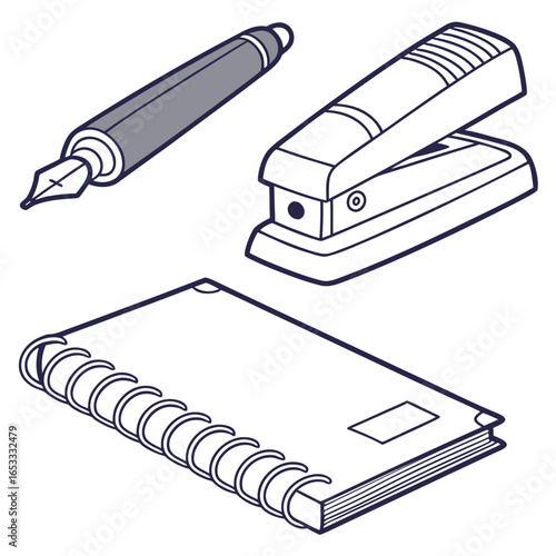 Illustration of office supplies including a pen stapler and notebook for business or school use