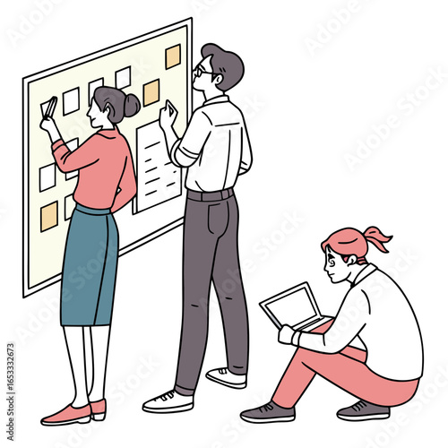 Illustration of team collaboration brainstorming ideas on a kanban board using sticky notes in office setting