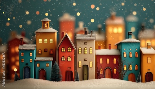 Wooden houses in Christmas village. Adorable winter festive illustration wallpaper
