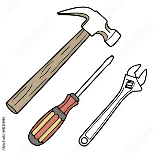 Illustration of essential hand tools hammer screwdriver and adjustable wrench for diy and repair projects
