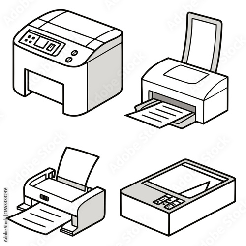 Isometric printer scanner and fax machine vector illustration for office equipment and technology use
