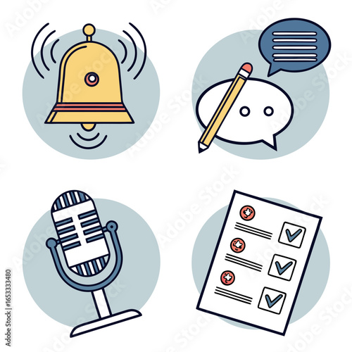 Communication tools notification bell microphone checklist message pencil speech bubble podcasting survey form