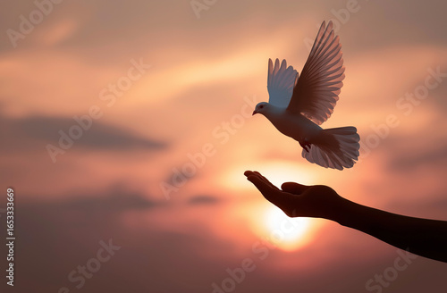 A hand releasing a bird into the sky at sunrise, symbolizing freedom and hope