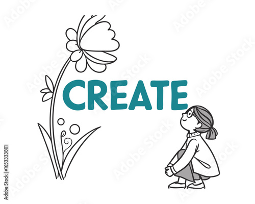 Girl gazing at Create typography with flower doodle encouraging creativity and imagination perfect for education design and inspiring projects