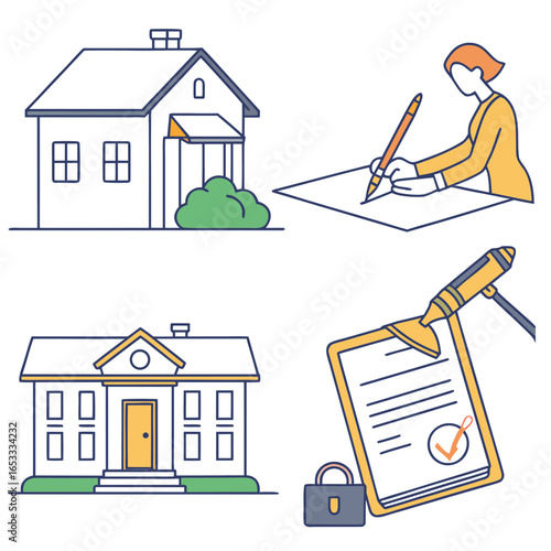 Real estate contract signing and property insurance agreement for home purchase and mortgage application process