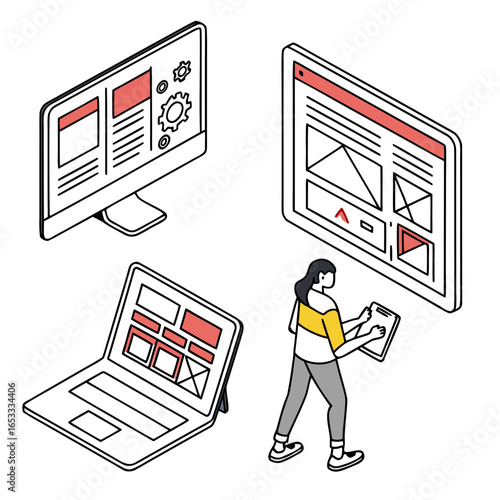 Isometric web design development process on computer laptop tablet and website user interface design concept