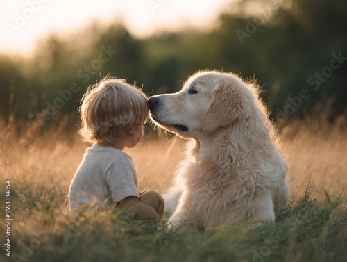 Fototapeta Naklejka Na Ścianę i Meble -  Tender moment between a small child and a loyal dog in golden light. Symbolizes friendship, innocence, love, and the bond between humans and animals. Perfect for heartwarming stories.
