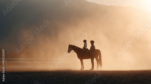 Golden hour equestrian scene featuring a child and adult with a horse in a dusty arena. Evokes themes of family, nature, learning, and peaceful moments. Warm, cinematic aesthetic.