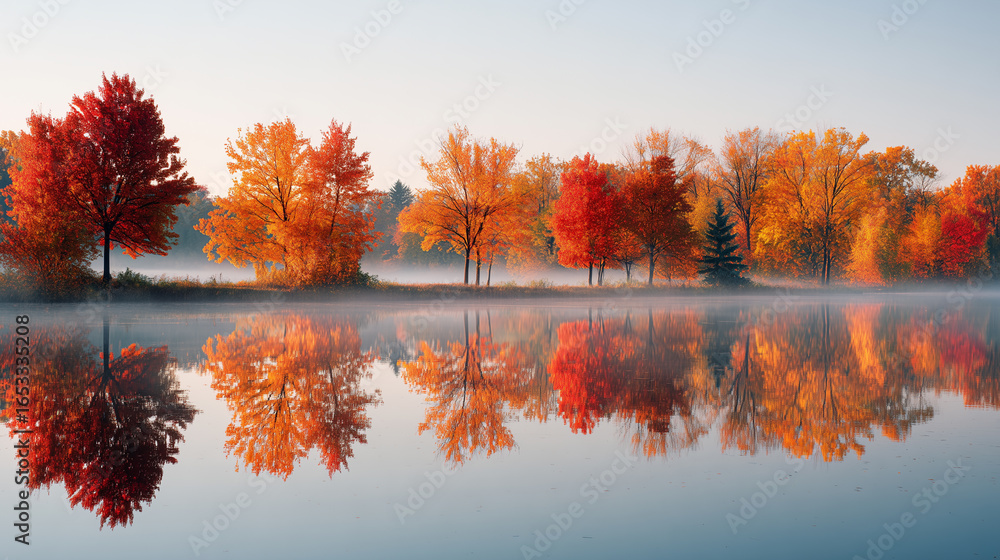 Calm Lake Reflecting Vibrant Autumn Trees, Red, Orange And Yellow Foliage Calm Lake Reflecting Vibrant Autumn Trees, Red, Orange And Yellow Foliage