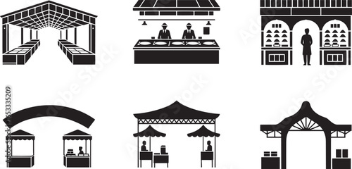 Market Stall Collection Vector Set of Outdoor Vendor Booths and Structures for Commerce