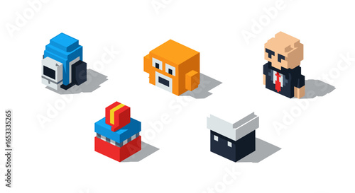 Isometric pixel art characters standing on a white background surface
