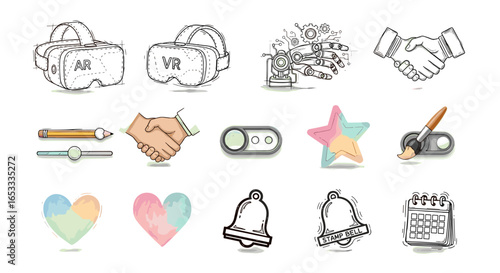 Collection of sketched icons including vr headsets and handshake symbols