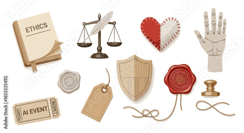 Composition of ethics book, scales, heart, hand, shield, and ai event ticket