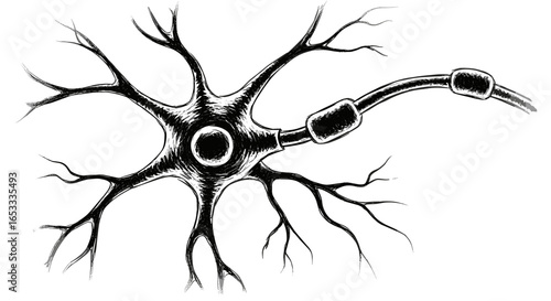 Illustration of a neuron cell with dendrites and myelinated axon sheath